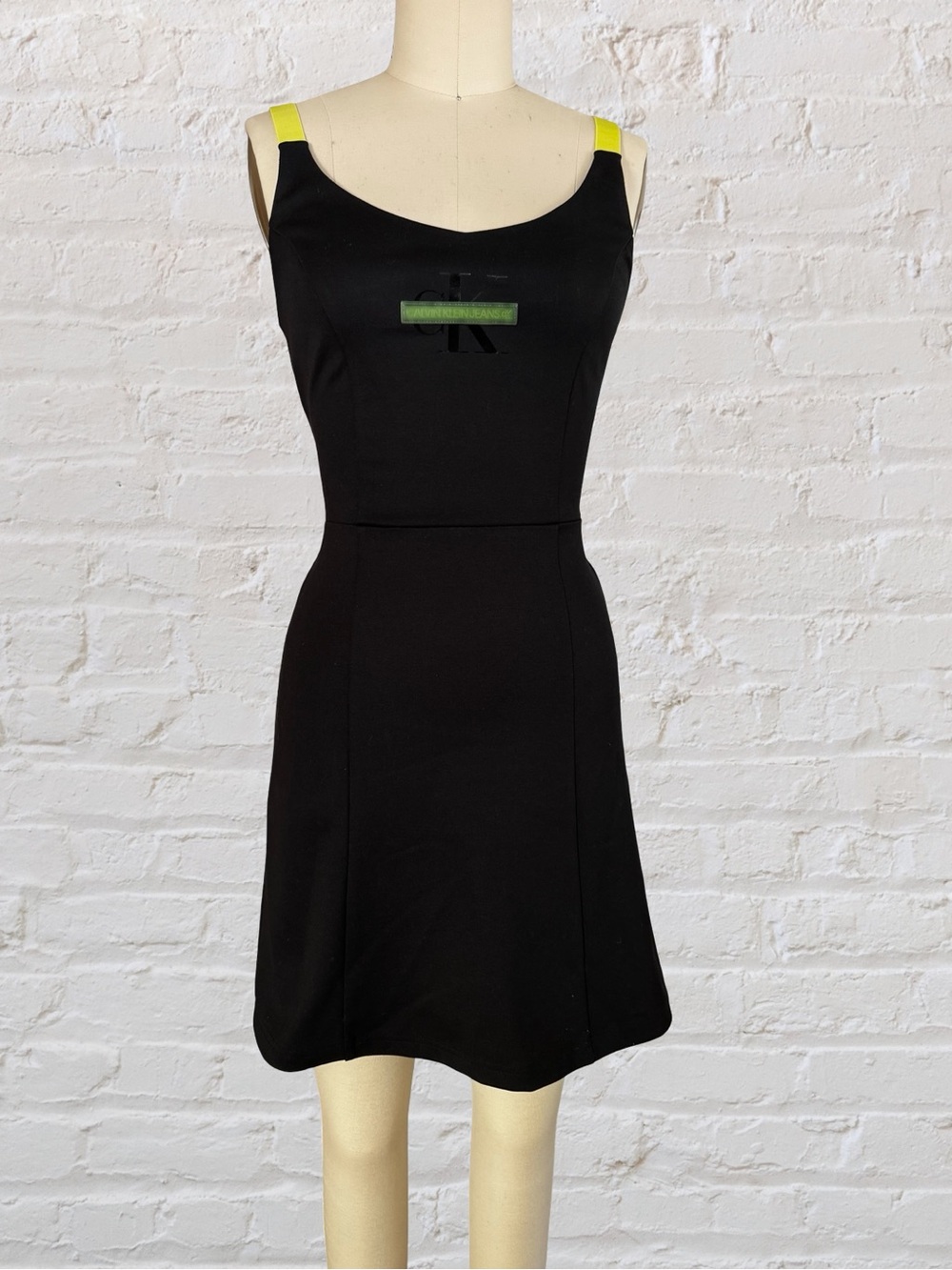 Calvin Klein Black Mini Dress with Neon Yellow Straps
